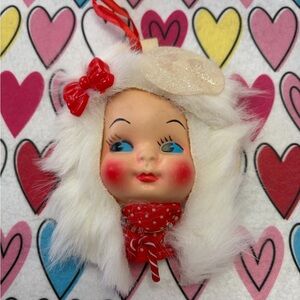 Vintage Doll Head Ornament with Red Bow